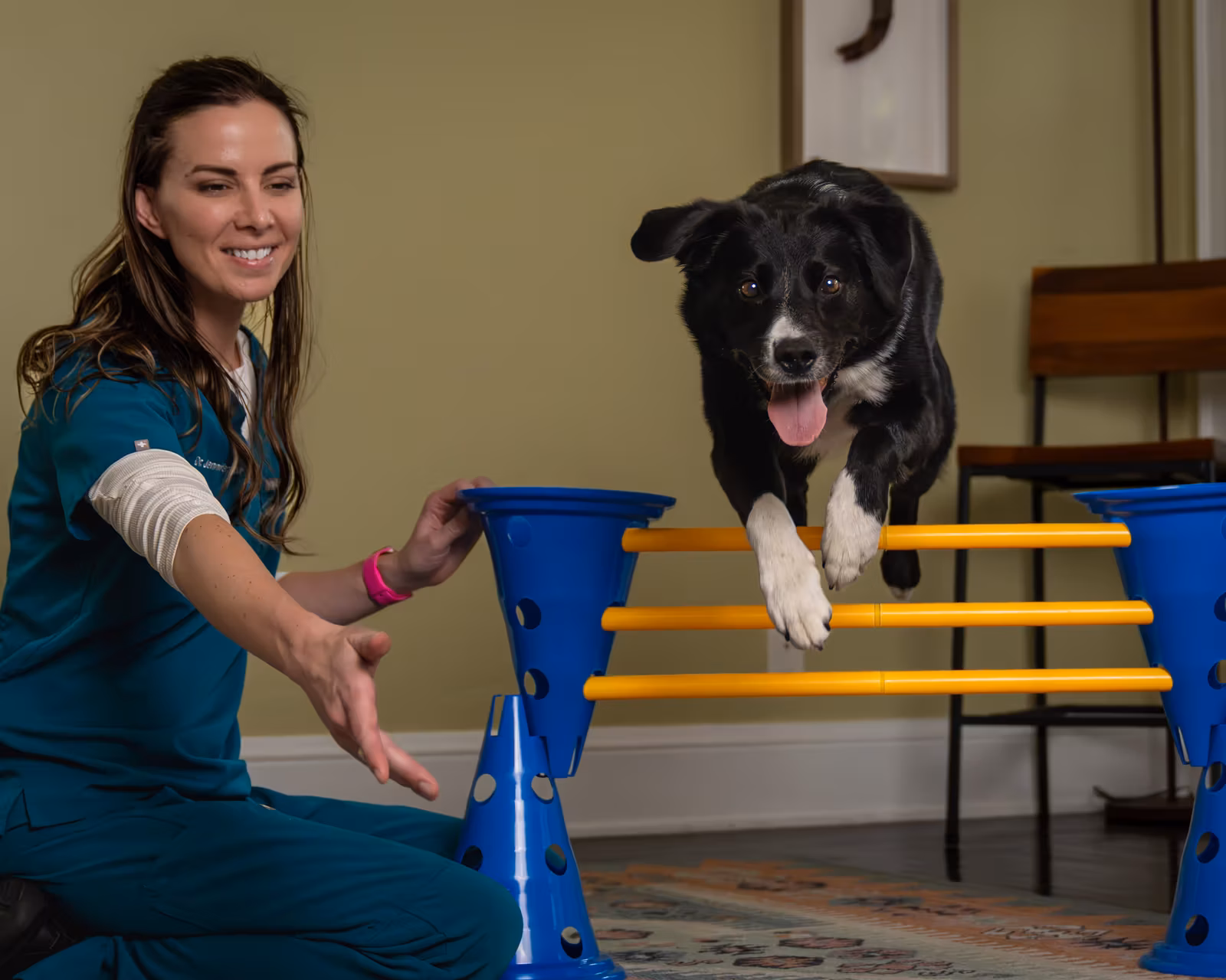 Dr. Jennifer Wade working through an in-home fitness and rehabilitation session with a dog